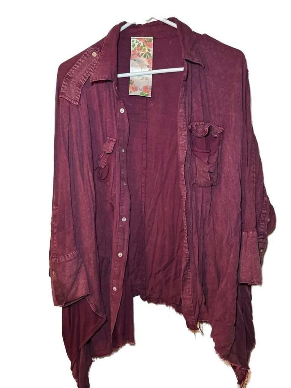 Myrtis Gray Raw Hem Mineral Wash Oversized Dolman Sleeve‎ Button Down Shirt